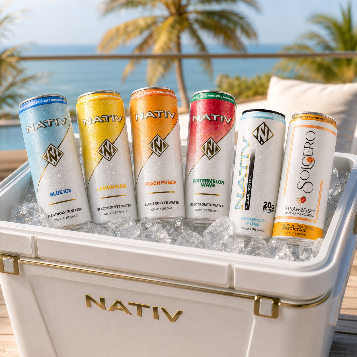 NATIV drinks arranged in a cooler by the ocean